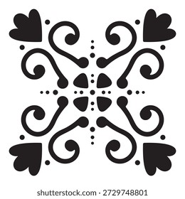 Diseño de patrón de azulejo ornamental en blanco y negro, Ilustración vectorial de arte popular simétrica