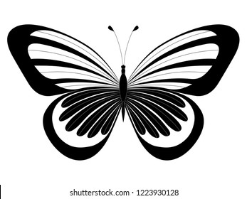 Black & White ornamented abstract silhouette of butterfly. Stylised butterfly isolated on white background. Vector moth illustration line art style. Design for tattoo or t shirt graphic.