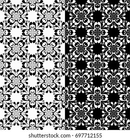 Black and white ornaments. Seamless backgrounds for wallpapers, fabrics. Vector illustration