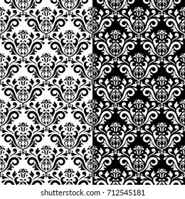 Black and white ornaments. Set of seamless backgrounds for wallpapers, fabrics. Vector illustration