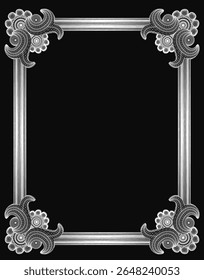 Um quadro ornamentado preto e branco apresenta espirais intrincados e desenhos decorativos detalhados, colocados contra um fundo escuro. O padrão elegante cria um contraste impressionante, perfeito para vintage