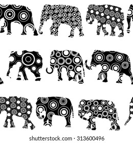 Black and white ornate patterned elephants