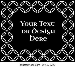 A black and white ornate rectangular frame based on a Celtic Quarternary knot, vector illustration
