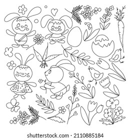 black and white out line hand drawn easter bunnies and flowers  coloring page.