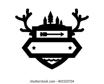 Black And White Outdoor Badge With Arrow, Water, Trees And Anters. Blank Banner Ready For Text.