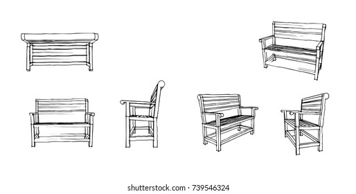 Black And White Outdoor  Bench Sketch Design  