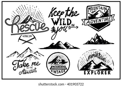 Black and white outdoor Nature Art Landscape Hand Drawn vintage rope mountains  pine tree badge logotype typography vector illustration board 