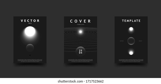 Black and white outer space cover set. Abstract cosmos scenes with glowing stars, planets, and orbits. Vector monochrome design for a template of poster, flyer, card, brochure, book.