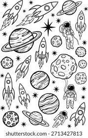 Padrão sem emenda do espaço sideral preto e branco, apresentando foguetes vintage doodle, astronautas, planetas, luas e estrelas cósmicas, arte angustiada da linha grunge