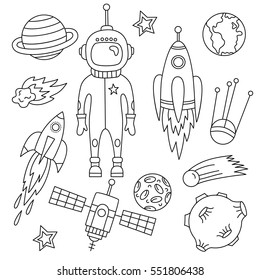 Black and white outer space symbols doodles collection with astronaut spaceship satellite planets