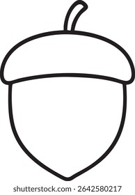 Um contorno preto e branco de uma bolota com um chapéu e um caule, isolado sobre um fundo branco.