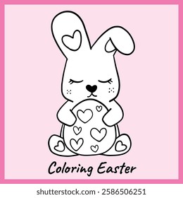 Black and white outline of an adorable bunny with heart patterns, peacefully hugging a decorated Easter egg. A fun and heartwarming coloring page for kids