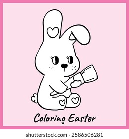 Black and white outline of an adorable bunny with heart patterns, holding a paintbrush. A fun and creative Easter-themed coloring page for kids and crafts