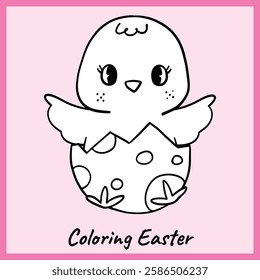 Black and white outline of an adorable Easter chick hatching from a decorated egg, perfect for festive coloring activities. Fun printable for kids and crafts