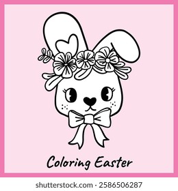 Black and white outline of an adorable Easter bunny wearing a floral crown and a bow, perfect for festive coloring activities. Fun printable for kids and crafts