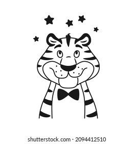 Black and white outline adorable smiling dreaming tiger portrait looking at stars above his head isolated on white background. Cute wild cat coloring page. Animal face sketch line vector illustration.