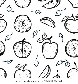 Black and White Outline Apple Fruit Background. Seamless Pattern with Hand Drawn Doodle Apples with Leaves and Apple Slices. Fruits Wallpaper. Healthy Summer Food Background