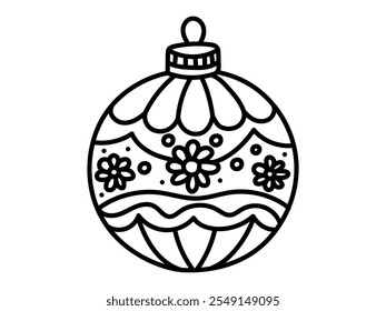 Black and white outline art of Christmas ornament with patterns isolated on white background. Concept of holiday decoration, festive design, seasonal coloring, Christmas ball, craft template. Print