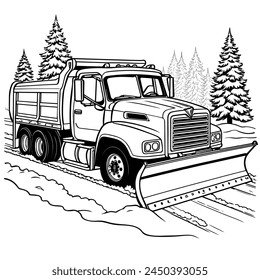 black and white outline art colouring book pages snow plow truck with a blade for clearing snow on the roads  Winter Wonderland Coloring page: Snow Plow Truck Vector Outline Page Printable