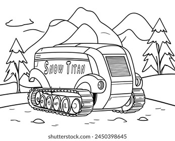 black and white outline art colouring book pages a snow Titan truck with a chain for clearing snow on the roads  Winter Wonderland Coloring page: Snow Titan  Vector Outline Page Printable