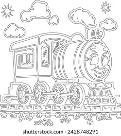 black and white outline art for kids of a lokomotive with a cute face, cartoon train locomotive, steam locomotive vector illustration