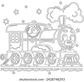 black and white outline art for kids of a lokomotive with a cute face, cartoon train locomotive, steam locomotive vector illustration