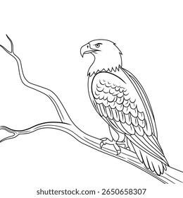 Black and white outline of a bald eagle perched on a tree branch. Perfect for coloring pages, wildlife education, tattoo designs, or nature-themed illustrations.