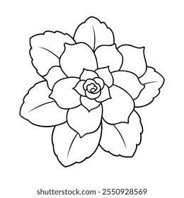 Black and white outline of a begonia flower with detailed petals and leaves