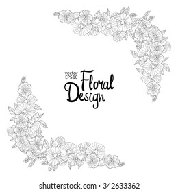 Black and white outline  border made with flowers. Floral design