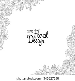 Black and white outline  border made with flowers. Floral corner