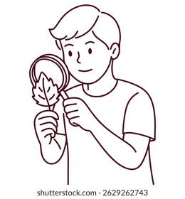 Contorno preto e branco de um menino segurando uma lupa e examinando uma folha, representando curiosidade científica precoce e observação da natureza para aprender visuais