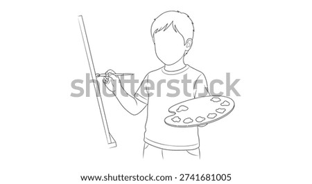 A black and white outline of a boy holding a paintbrush and paint palette, suggesting artistic activity and childhood creativity.