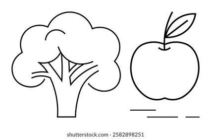 Black and white outline of broccoli and apple with leaf next to text lines. Ideal for healthy eating posters, nutrition guides, educational materials, food blogs, childrens books, diet plans