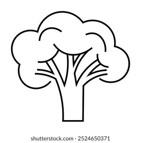 Contorno blanco y negro de una planta de brócoli. Ideal para una alimentación saludable, dieta vegetariana, educación alimentaria, promoción de la agricultura e ilustraciones nutricionales. Líneas minimalistas y limpias.