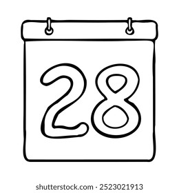 Black and white outline calendar icon. Hand drawn date icon image. Icon concept. Calendar icon at 28th date. Fun and cute creative design. Perfect for kids themed design, business concept.