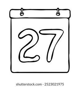 Black and white outline calendar icon. Hand drawn date icon image. Icon concept. Calendar icon at 27th date. Fun and cute creative design. Perfect for kids themed design, business concept.