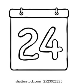 Black and white outline calendar icon. Hand drawn date icon image. Icon concept. Calendar icon at 24th date. Fun and cute creative design. Perfect for kids themed design, business concept.