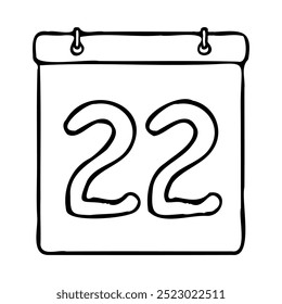 Black and white outline calendar icon. Hand drawn date icon image. Icon concept. Calendar icon at 22nd date. Fun and cute creative design. Perfect for kids themed design, business concept.