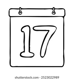 Black and white outline calendar icon. Hand drawn date icon image. Icon concept. Calendar icon at 17th date. Fun and cute creative design. Perfect for kids themed design, business concept.