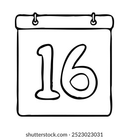 Black and white outline calendar icon. Hand drawn date icon image. Icon concept. Calendar icon at 16th date. Fun and cute creative design. Perfect for kids themed design, business concept.