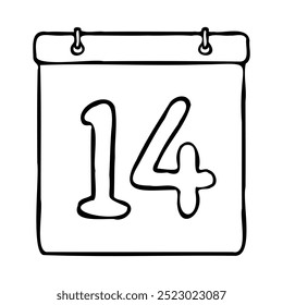 Black and white outline calendar icon. Hand drawn date icon image. Icon concept. Calendar icon at 14th date. Fun and cute creative design. Perfect for kids themed design, business concept.