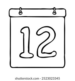 Black and white outline calendar icon. Hand drawn date icon image. Icon concept. Calendar icon at 12th date. Fun and cute creative design. Perfect for kids themed design, business concept.