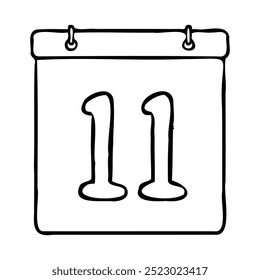 Black and white outline calendar icon. Hand drawn date icon image. Icon concept. Calendar icon at 11th date. Fun and cute creative design. Perfect for kids themed design, business concept.