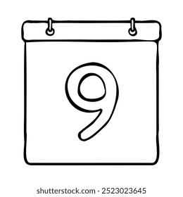 Black and white outline calendar icon. Hand drawn date icon image. Icon concept. Calendar icon at 9th date. Fun and cute creative design. Perfect for kids themed design, business concept.