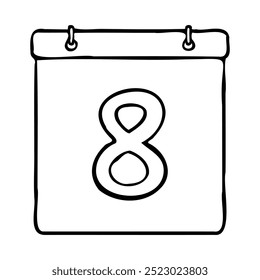 Black and white outline calendar icon. Hand drawn date icon image. Icon concept. Calendar icon at 8th date. Fun and cute creative design. Perfect for kids themed design, business concept.