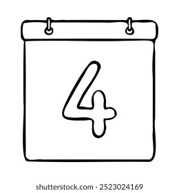 Black and white outline calendar icon. Hand drawn date icon image. Icon concept. Calendar icon at 4th date. Fun and cute creative design. Perfect for kids themed design, business concept.