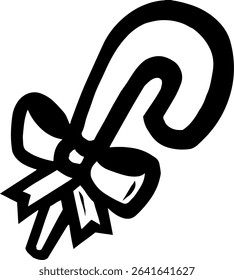 Black and white outline of a candy cane with a bow, traditional Christmas treat used in holiday decorations; ideal vector for festive designs.