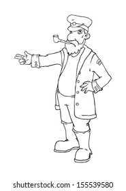 Black and white outline, Captain pointing, with a pipe, vector illustration