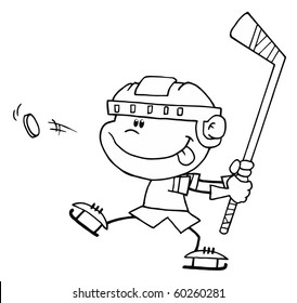 Black And White Outline Of A Caucasian Boy Preparing To Whack A Hockey Puck