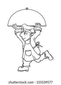 Black and white outline, Chef running and carrying a huge plate, vector illustration